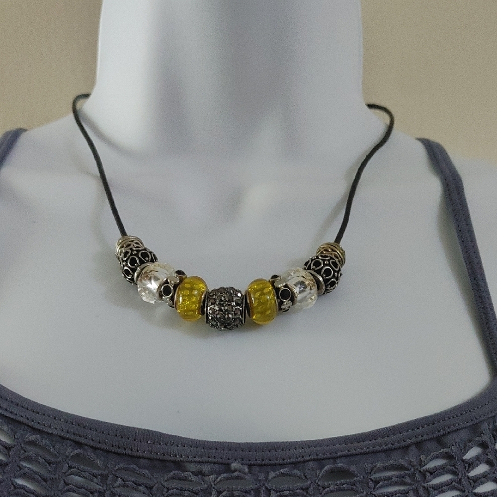 Hand Crafted Yellow and Silver Beaded Necklace